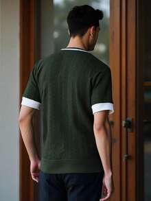 Manfinity Homme 男士休闲通勤撞色滚边圆领短袖针织衫 男士绿色T恤 男士短袖针织滚边T恤 男士针织衫 男士针织上衣 - 軍綠色 - 查看 2