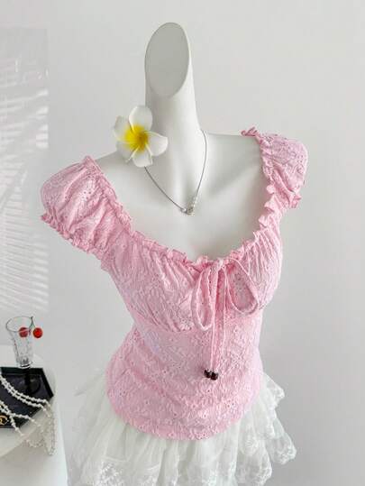 Sweetra Y2K Bowknot Pleated Textured Fabric Casual T-Shirt