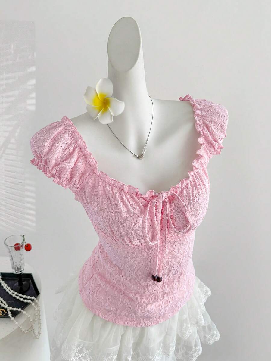 Sweetra Y2K Bowknot Pleated Textured Fabric Casual T-Shirt - Pink - View 1