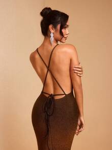 JIAN LASALA Đầm maxi ôm sát cơ thể dành cho nữ, lấp lánh, cổ yếm, buộc dây sau lưng, kiểu dáng thanh lịch, thích hợp cho tiệc tùng. - màu nâu - Xem 2