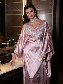 SHEIN Najma V-Neck Pearl Embellished Flared Sleeve Ribbon Waist Tie Turkish & Arabic Traditional Maxi Dress For Women