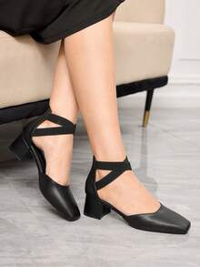 Sleekvia Giày nữ mũi tròn, gót dày, màu đen, kiểu dáng thời trang, khoét rỗng, quai co giãn, thanh lịch, đa năng, thoải mái, phù hợp cho công sở. - Than chì đen - Xem 4