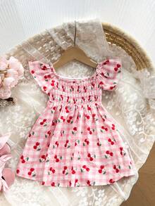 女婴可爱休闲粉色格子樱桃图案背带裙 - 粉色 - 查看 2