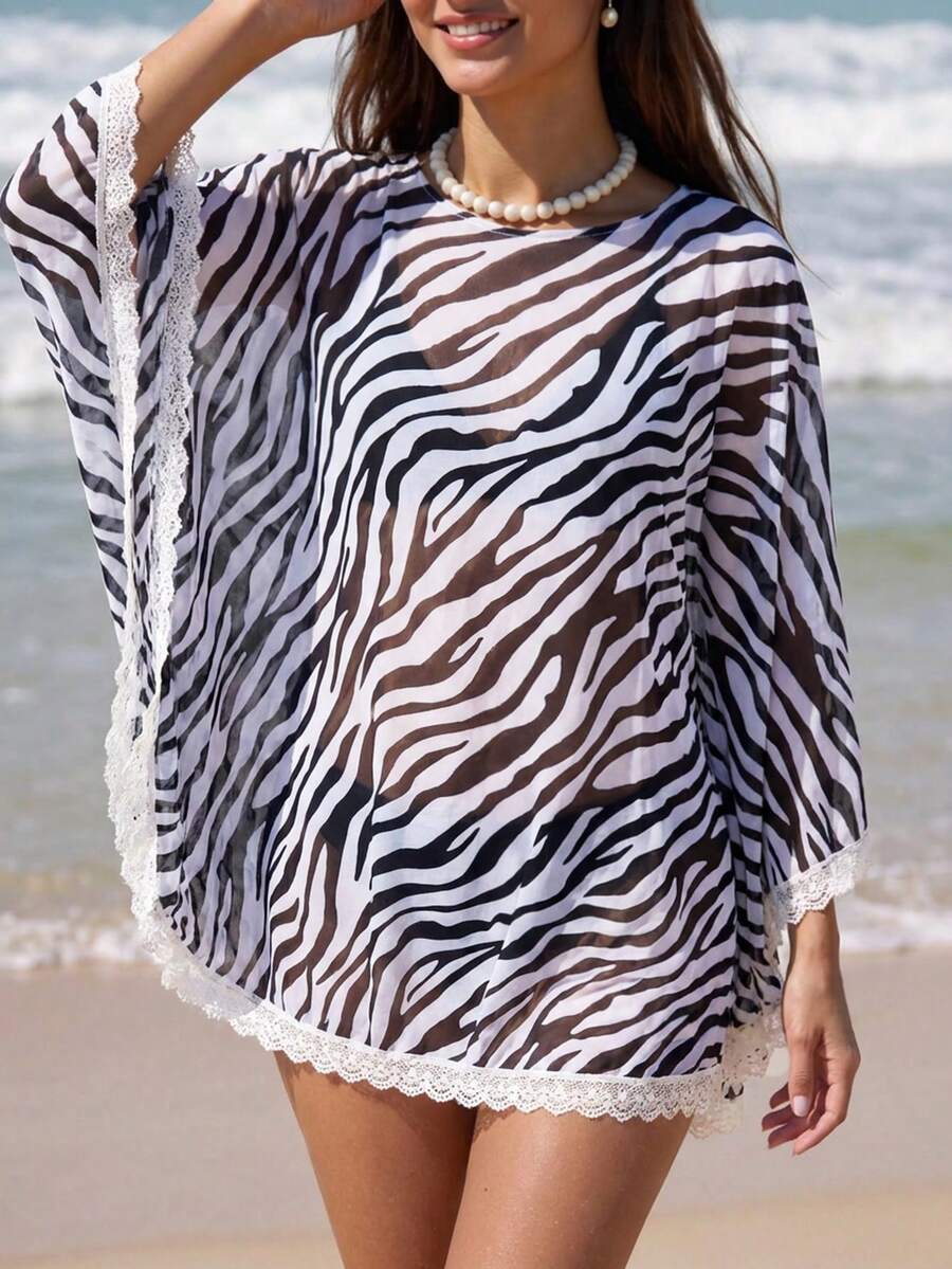 SHEIN Swim Summer Women's Zebra Stripe Sheer Lace Cover Up Carnival - Black and White - View 1