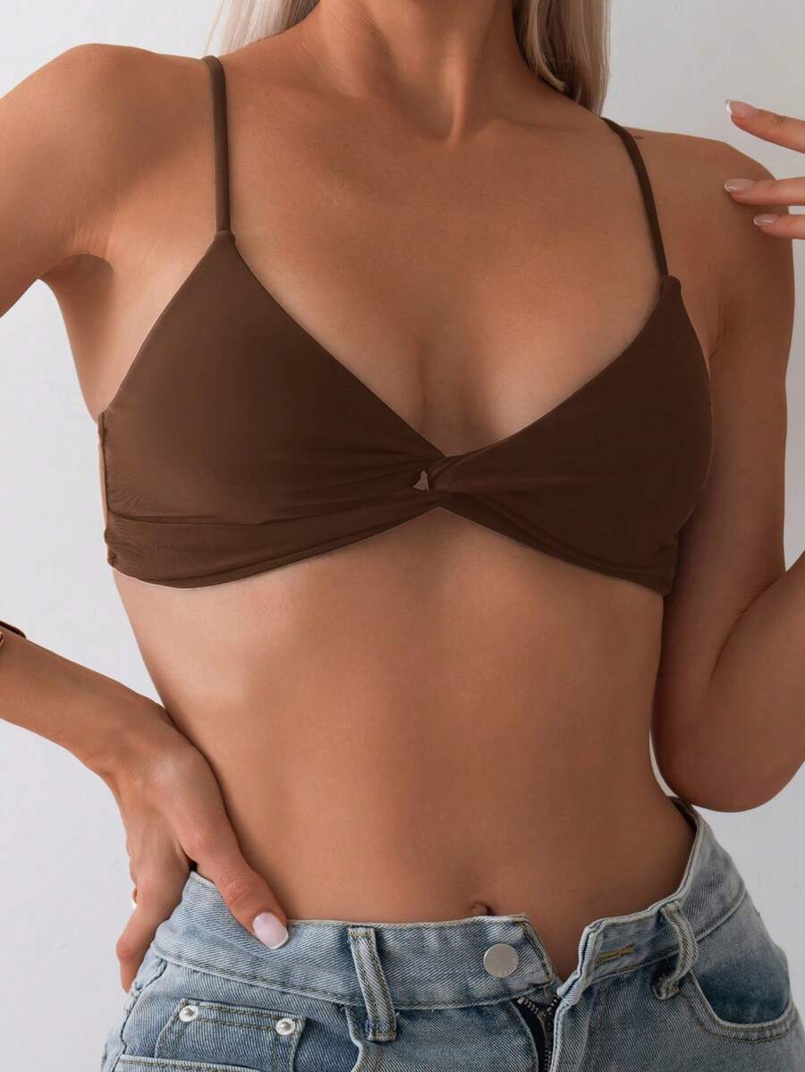 Swim Basics 女士纯色扭结前襟性感比基尼上衣 - 棕色 - 查看 1