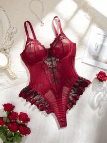 1件加大码网纱性感连体睡衣 - 酒紅色 - 查看 6