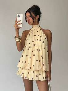 Aloruh 女士优雅浅黄色吊带系带迷你连衣裙 - 彩色 - 查看 6