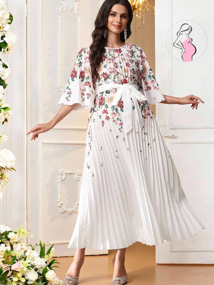 SHEIN Maternity Clothes Maternity Dress Elegant Summer Elegant Floral Print Round Neck Dress With Ruffled Sleeves And A Pleated Hem; White Long Dress With Pleats. - Multicolor - View 1
