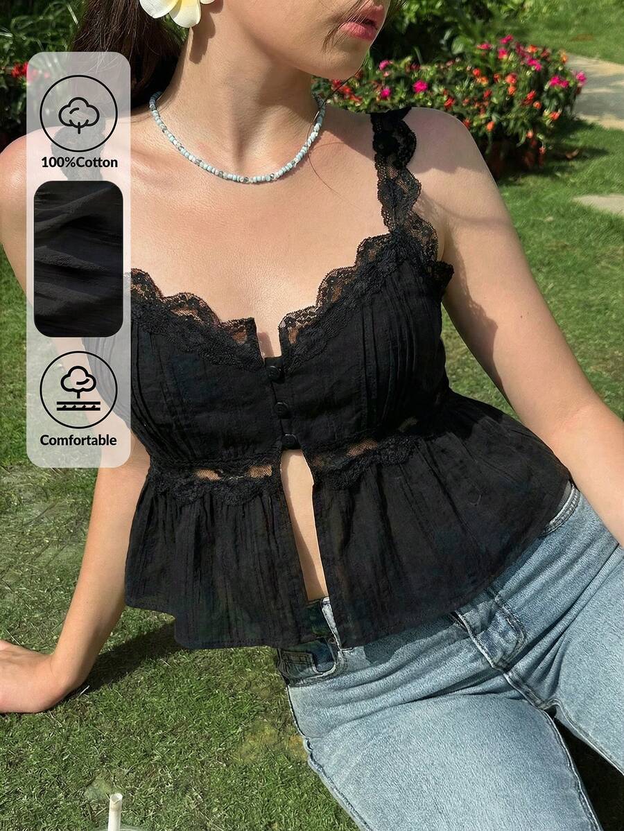 SHEIN EZwear 女士休闲无袖上衣，饰有贝壳边和荷叶边下摆，时尚蕾丝边，夏季 - 黑色 - 查看 1