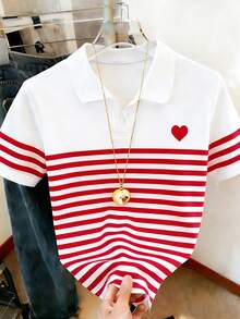 Resyla Camiseta de mujer con estampado de corazón a contraste de color, parches y rayas, de manga corta y casual para uso diario - Multicolor - Ver 7