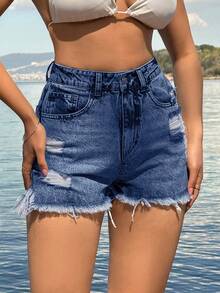 EURMUSE 100%Cotton Back Label Detailed Short With Destroy - Medium Wash - View 6