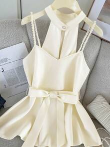 GlowEve Elegant Spaghetti Strap Camisole Top With Pearl Decor, Cinched Waist Design, Slim Fit - Apricot - View 8