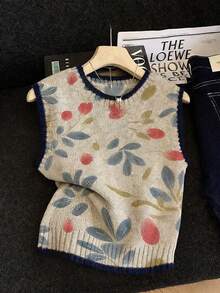 EMERY ROSE 春夏时尚休闲度假沙滩装女装加大码印花毛衣背心，撞色滚边，加大码女式沙滩度假服饰 - 灰色 - 查看 5