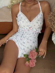 SHEIN U-Neck Backless Criss-Cross Strap Decor Pink Bow Romantic Fitted Women Pajama Jumpsuit - White - View 3