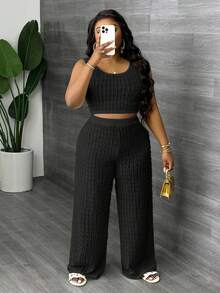 SHEIN Slayr 大码修身纯白色长款休闲背心和阔腿裤两件套，春夏款 - 黑色 - 查看 7