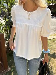 Livesso Casual Versatile Round Neck Puff Sleeve Loose Women T-Shirt - White - View 4