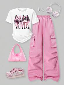 SHEIN ChillGRL 2pcs/Set Tween Girls Letter Print Crew Neck T-Shirt + Casual Cargo Pants, Street Style, Suitable For Summer Vacation - Pink - View 3