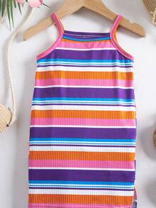 SHEIN 女婴可爱休闲针织彩色条纹无袖连衣裙，夏季 - 彩色 - 查看 6