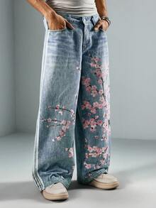 ROMWE MEN Anime Spring Casual Graphic Men'S Loose Casual Floral Print Jeans - Blue - View 4