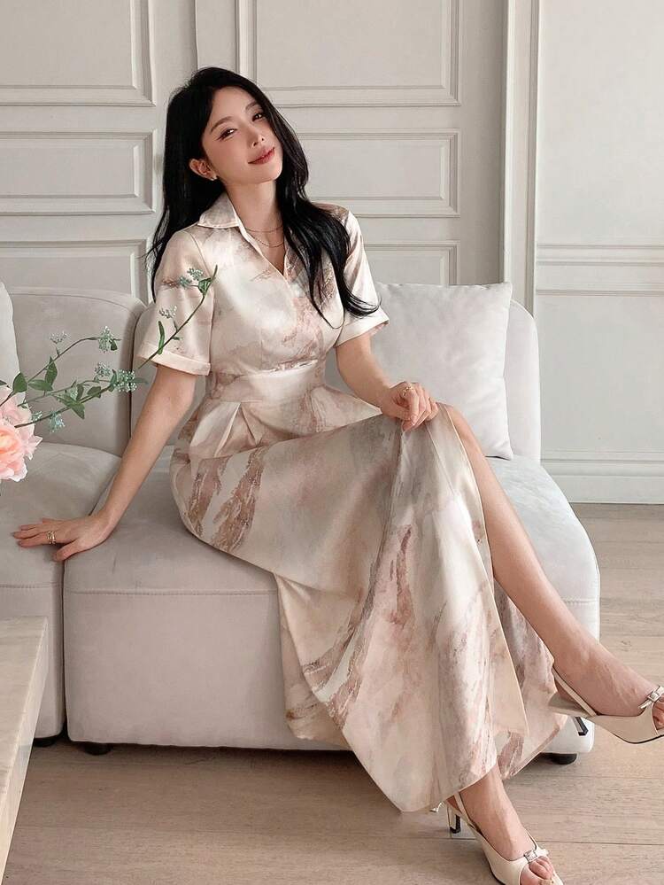 Spring/Summer Elegant Ink Dye Print Long Dress, Suitable For Wedding, Party, Formal Occasions, Commuting Sundress