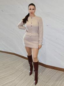 MDEdit 2件套深灰色束腰修身毛衣裙女秋冬装 - 駝色 - 查看 6