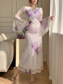 DAZY Đầm ren hoa thanh lịch mùa xuân & hè, đầm ôm dáng bằng chiffon xuyên thấu phối nhiều mảnh vải, thích hợp cho đám cưới, tiệc tùng, các dịp trang trọng, hoặc mặc đi làm. - Màu tím - Xem 7