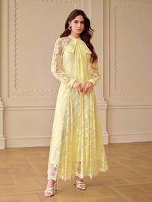 ZEYLAH Elegant Romantic Bow Decor A-Line Loose Long Dress, Spring/Summer - Light Yellow - View 4