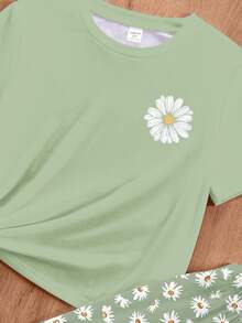 波西米亚雏菊印花，少女休闲简约圆领短袖T恤和宽松长裤家居服套装，适合夏季穿着 - 彩色 - 查看 4