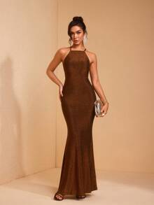 JIAN LASALA Đầm maxi ôm sát cơ thể dành cho nữ, lấp lánh, cổ yếm, buộc dây sau lưng, kiểu dáng thanh lịch, thích hợp cho tiệc tùng. - màu nâu - Xem 7