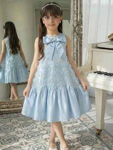 SHEIN Young Girl Elegant Mandarin Collar Sleeveless A-Line Dress - Blue - View 3
