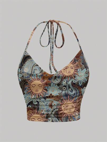 SHEIN MOD Casual Minimalist Draped Neck Tie Loose Fit Sunflower Print Top