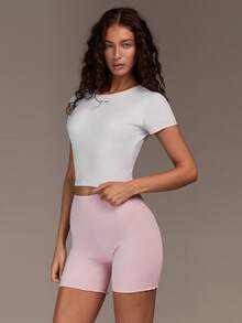 Menodora SHEIN Sport Áo thun thể thao nữ tay ngắn cổ tròn in chữ, dáng lửng - trắng - Xem 7