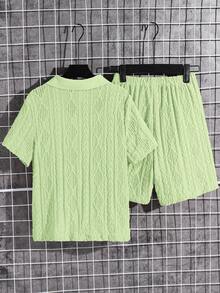 两件套男童纹理面料 Polo 衫（带领拉链）和纹理面料短裤套装，舒适休闲度假风，适合户外玩耍、街头摄影、派对、城市漫步等场合。 - 薄荷綠 - 查看 3