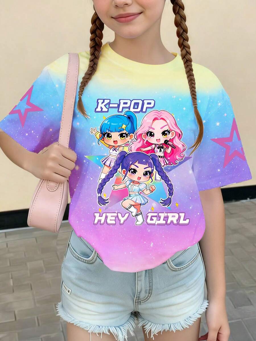 1pc Young Girl Cute Kpop Girl Print Pink Short Sleeve Top, Loose Fit ...