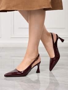 Sleekvia Giày cao gót mũi nhọn dành cho nữ, màu đỏ tía với khóa cài họa tiết da báo, thiết kế hở gót, kiểu dáng tối giản, phù hợp cho đi làm và sinh hoạt hàng ngày, thích hợp cho công sở. - Đỏ đậm - Xem 3