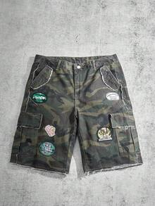 Manfinity ZONE917 Manfinity Streetrush Men's Camouflage Print Distressed Hem Pocket Denim Shorts Cargo Shorts For Men Going Out Hang Out Party Vacation Street - Army Green - View 1