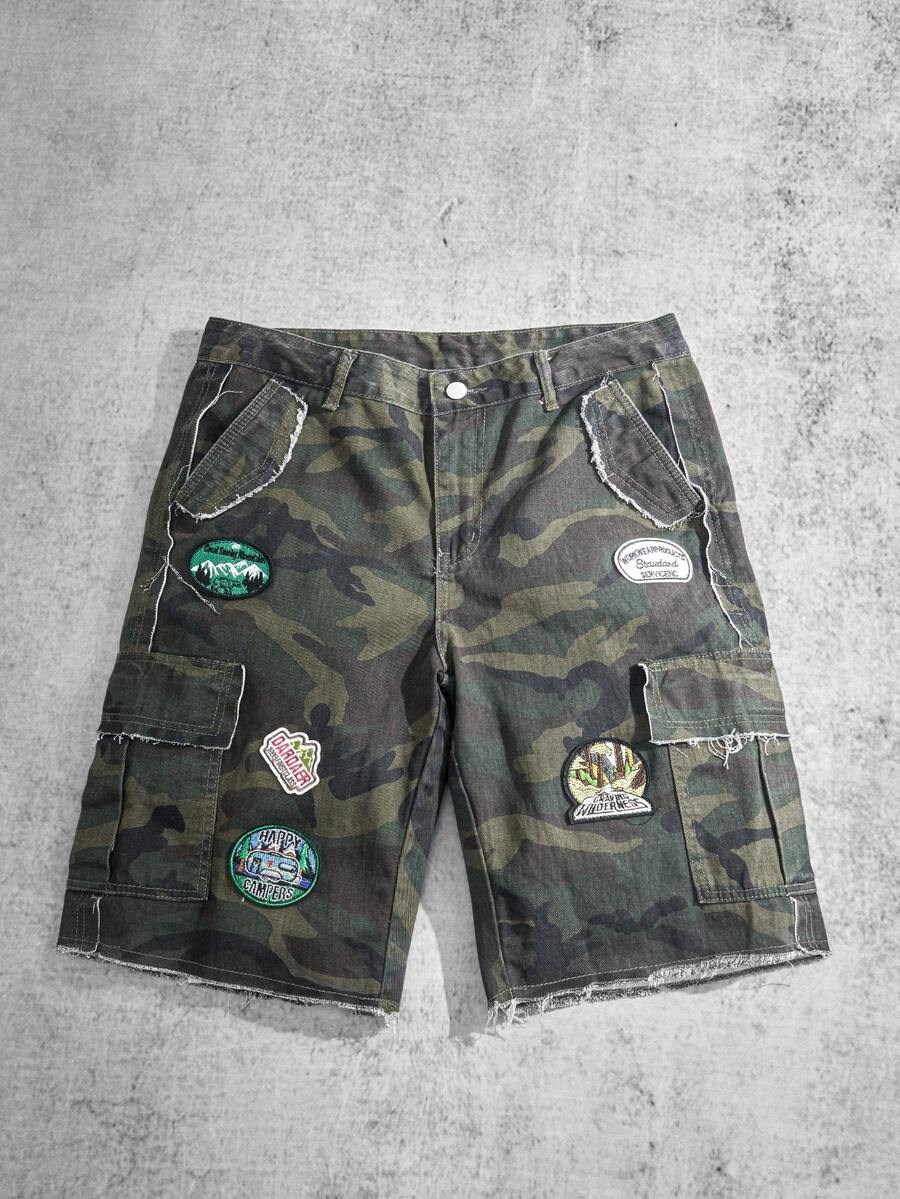 Manfinity ZONE917 Manfinity Streetrush Men's Camouflage Print Distressed Hem Pocket Denim Shorts Cargo Shorts For Men Going Out Hang Out Party Vacation Street - Army Green - View 1
