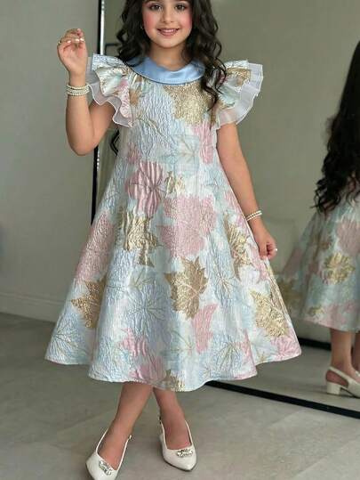 SHEIN Tween Girls Blue Pastel Midi A Line Dress With Plant Pattern And Stand Collar Flounce Sleeves, Perfect Partywear Jacquard Dresses Pastel Color Dress For Tween Girls Girls Spring Dress Ruffle Sleeves Dress
