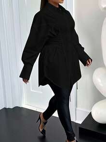 Veslaya 秋冬新款女装，音乐节万圣节服装，生日礼服，日常休闲，度假，邮轮旅行，海滩，日光浴，热门单品，白色长袖泡泡袖纯色通勤街头风鱼骨抽绳腰A字设计大码婚礼宾客礼服束身衬衫黑色灯笼袖衬衫 - 黑色 - 查看 6