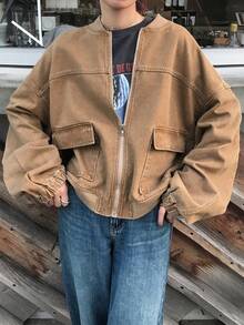 FRIFUL Women's Solid Color Drop Shoulder Long Sleeve Zip-Up Short Denim Jacket, Fashionable & Versatile Loose Fit - Khaki - View 3