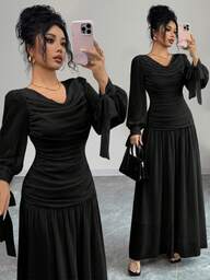 Elenzga Elegante chiffonjurk voor dames met rucheskraag, pofmouwen en strikceintuur, geschikt voor formele gelegenheden zoals cocktailparty's, bruiloften, diploma-uitreikingen, Halloween, Kerstmis, de Saoedische nationale feestdag en Nieuwjaar, bruin.