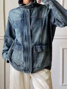 DAZY 做旧水洗宽松翻领长袖休闲街头秋冬女式外套 - 藍色 - 查看 4