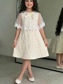 SHEIN Tween Girl Loose Elegant Lace Trim Pearl Decor Textured Fabric Dress,Kids - White - View 2