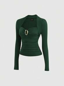 Sweetra Plus Size Women's Solid Color Metal Decor Sweetheart Neck Long Sleeve Fitted T-Shirt - Dark Green - View 3