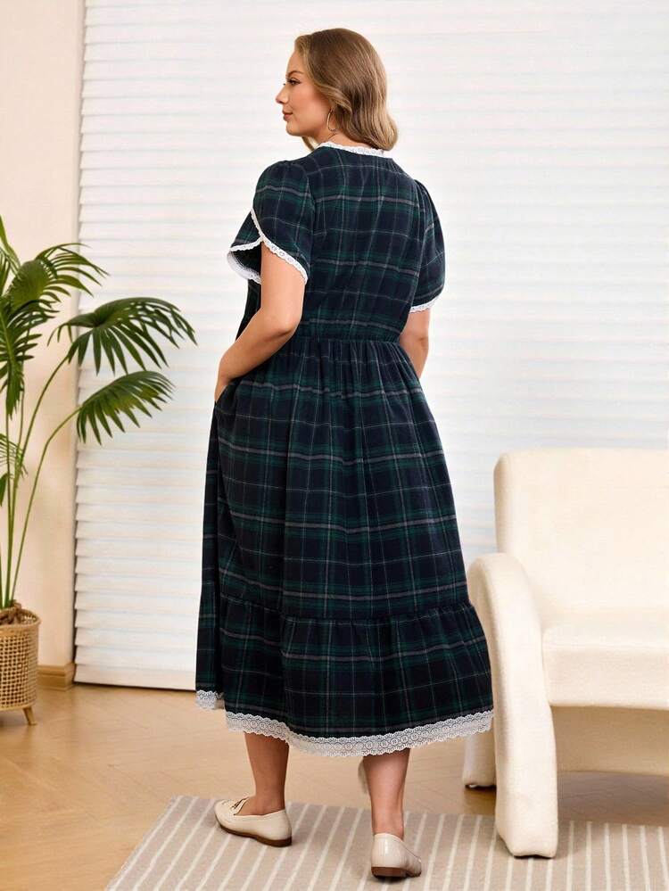 Plus Size Women's Summer Vintage Plaid Print Contrast Lace Trim Petal Sleeve Pockets Waist Cinched Midi Dress,Vacation/Summer/Spring