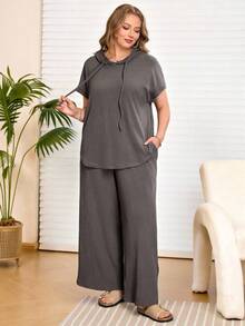 EMERY ROSE 2pcs Plus Size Women's Casual Hooded Short Sleeve Grey Top & Baggy Wide Leg Pants Set With Pockets,Summer Curve Loungewear,Comfortable 2 Pieces Outfit - Dark Grey - View 5