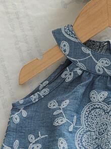 SHEIN Vintaside Kids Baby Girls' Blue Floral Print Sleeveless Top And Wide Leg Pants Set, Suitable For Daily Outings, Family Outings, Vacations, And Gatherings 2pcs Set Toddler Girls - Blue - View 5