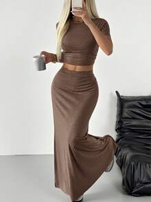 SHEIN EZwear Brown Knit Women's Slim Fit Commuter Suit - Brown - View 6