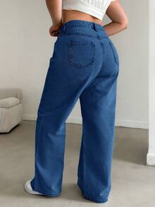 EURMUSE 100%Cotton HIGH RISE STRAIGHT CUT PLUS SZIE WOMEN JEAN - Medium Wash - View 2