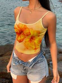 SHEIN EZwear 女士度假风印花露脐吊带背心 - 黃色 - 查看 3
